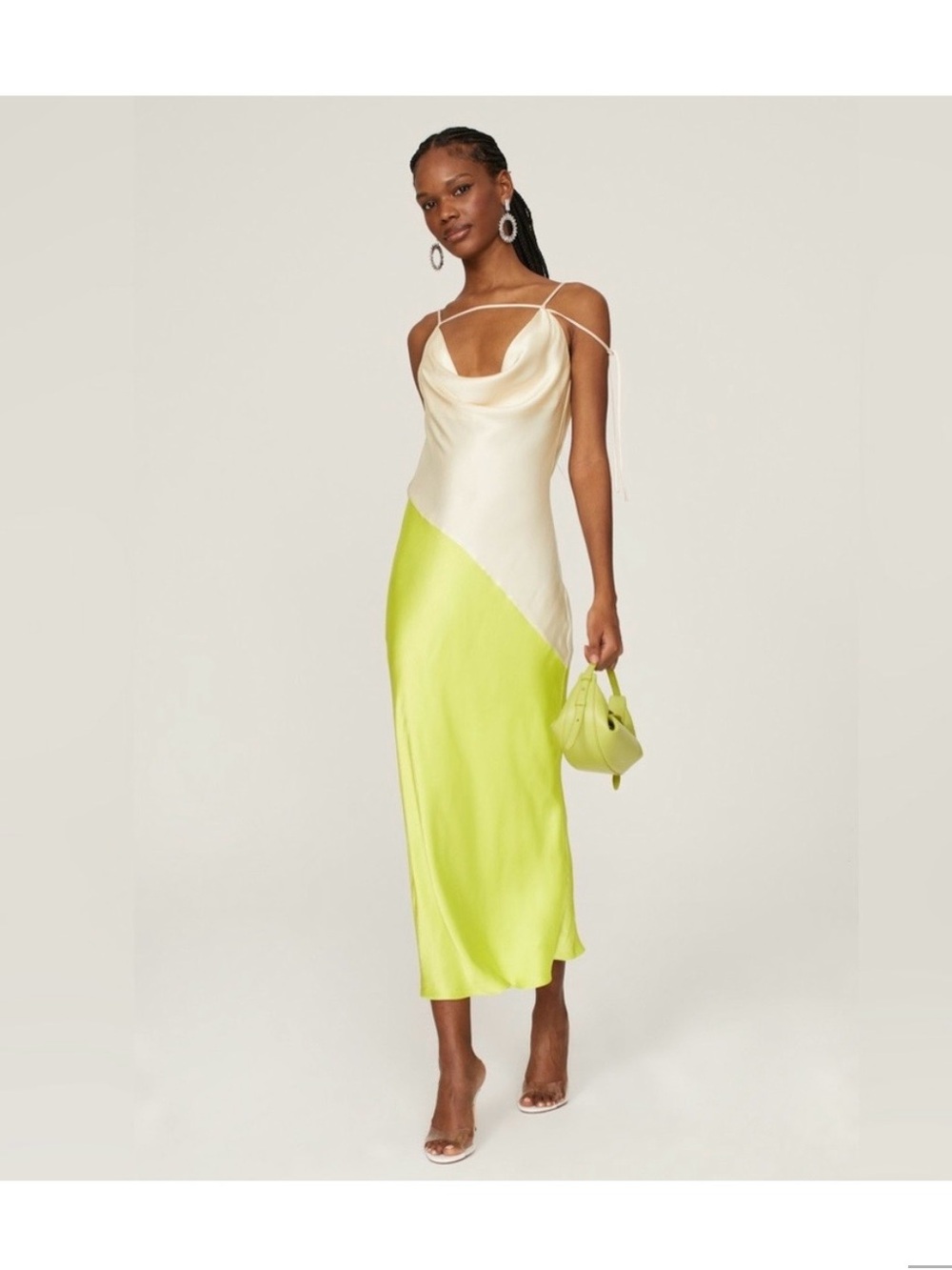 Satin Two-Tone Slip Maxi Dress in Lime & Cream